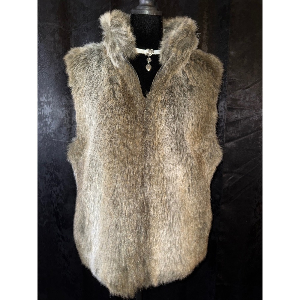 Blassport Womens Faux Fur Vest Brown Full Zip Stand Collar Sleeveless Jacket M